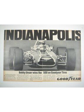 Vintage 1968 Goodyear Racing Indianapolis 500 Bobby Unser Ad Print 2 page
